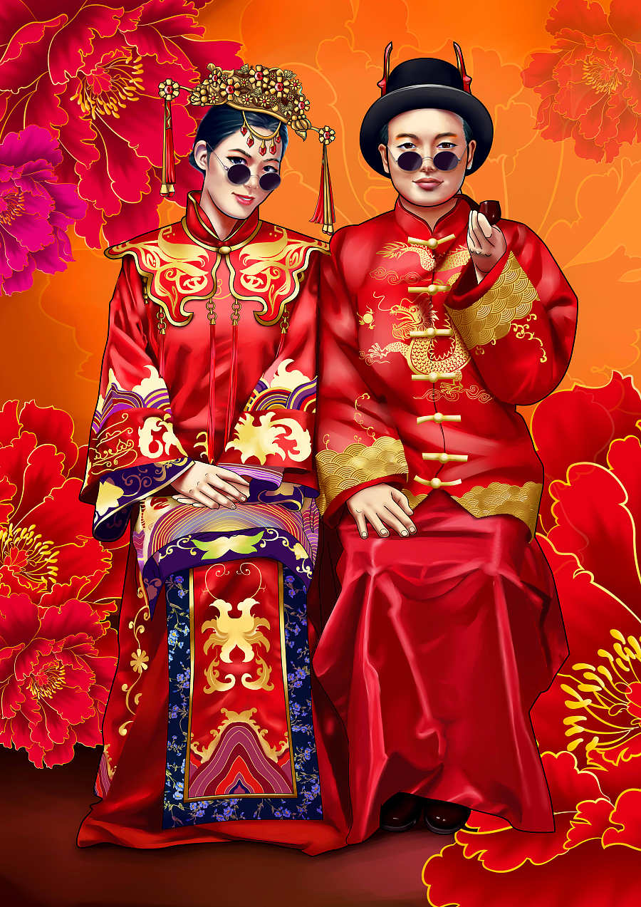 老表 结婚没能回去,画张他的结婚贺图吧