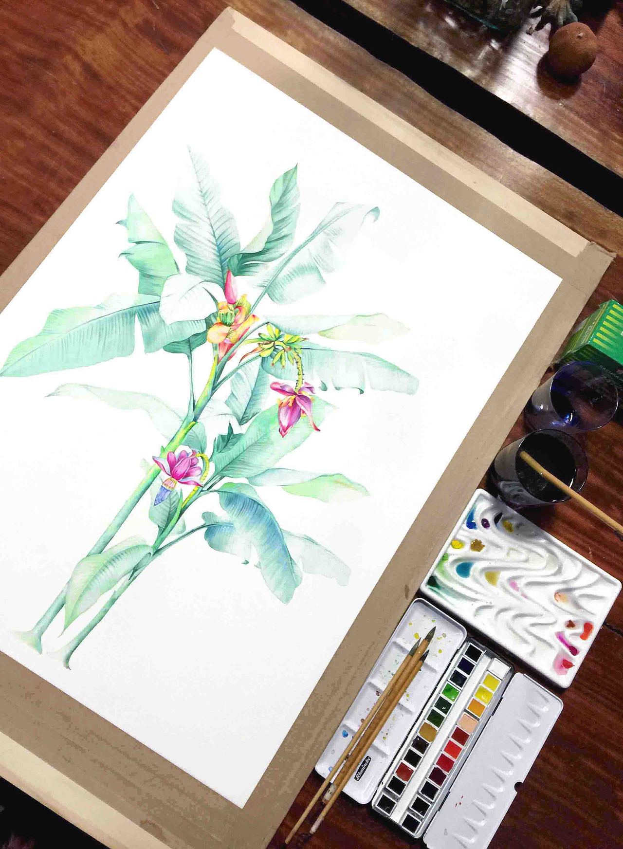 兰花水彩手绘 【冰淇淋后记】水彩 手绘标签水彩手绘芭蕉叶香蕉花蜂鸟