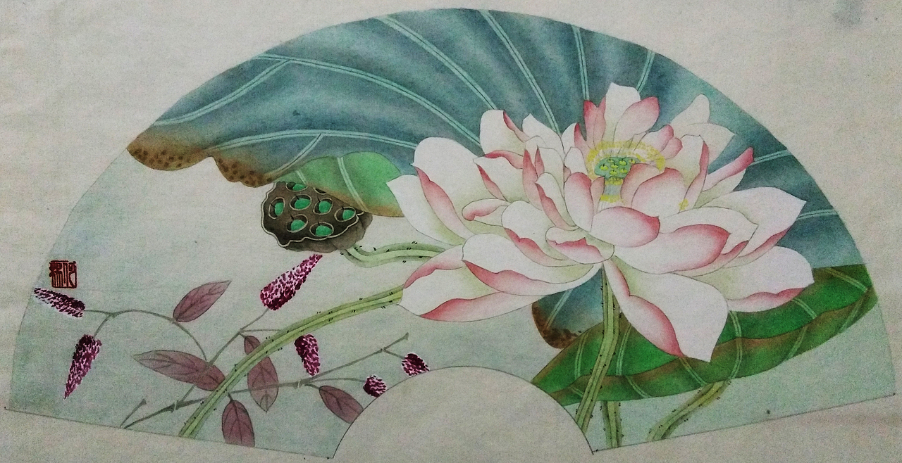 临摹的一组工笔荷花扇形图