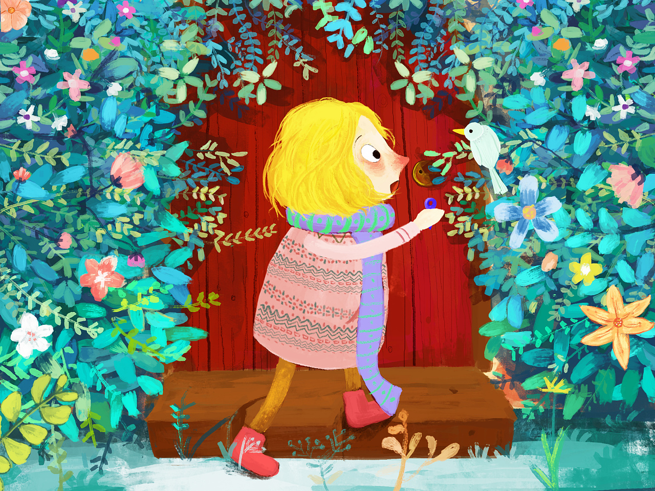 春季小女孩与花园卡通场景手绘插画免费下载_插画图片(3543像素)-千图网