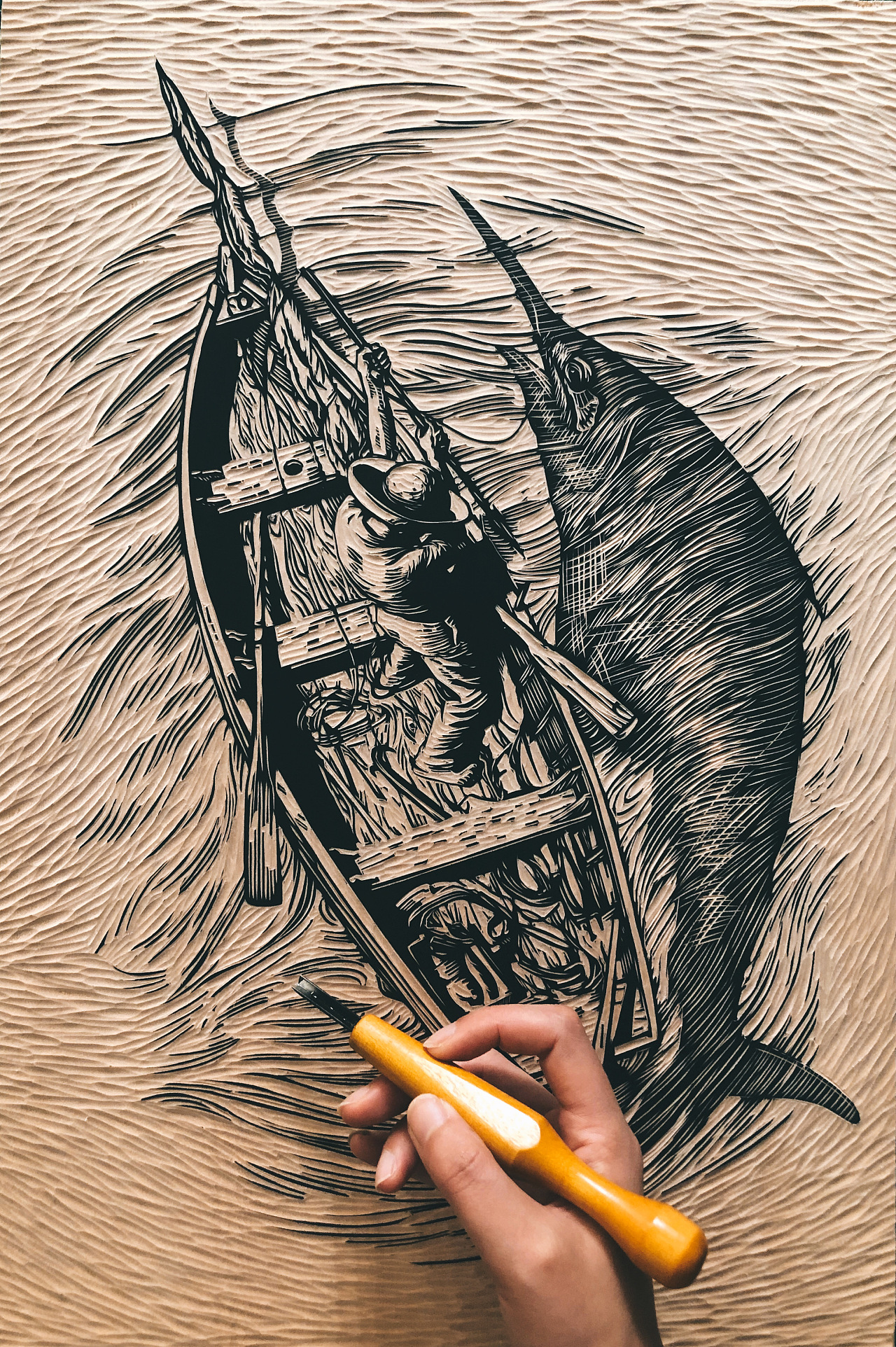 【老人与海】手工雕刻制作木刻版画分享