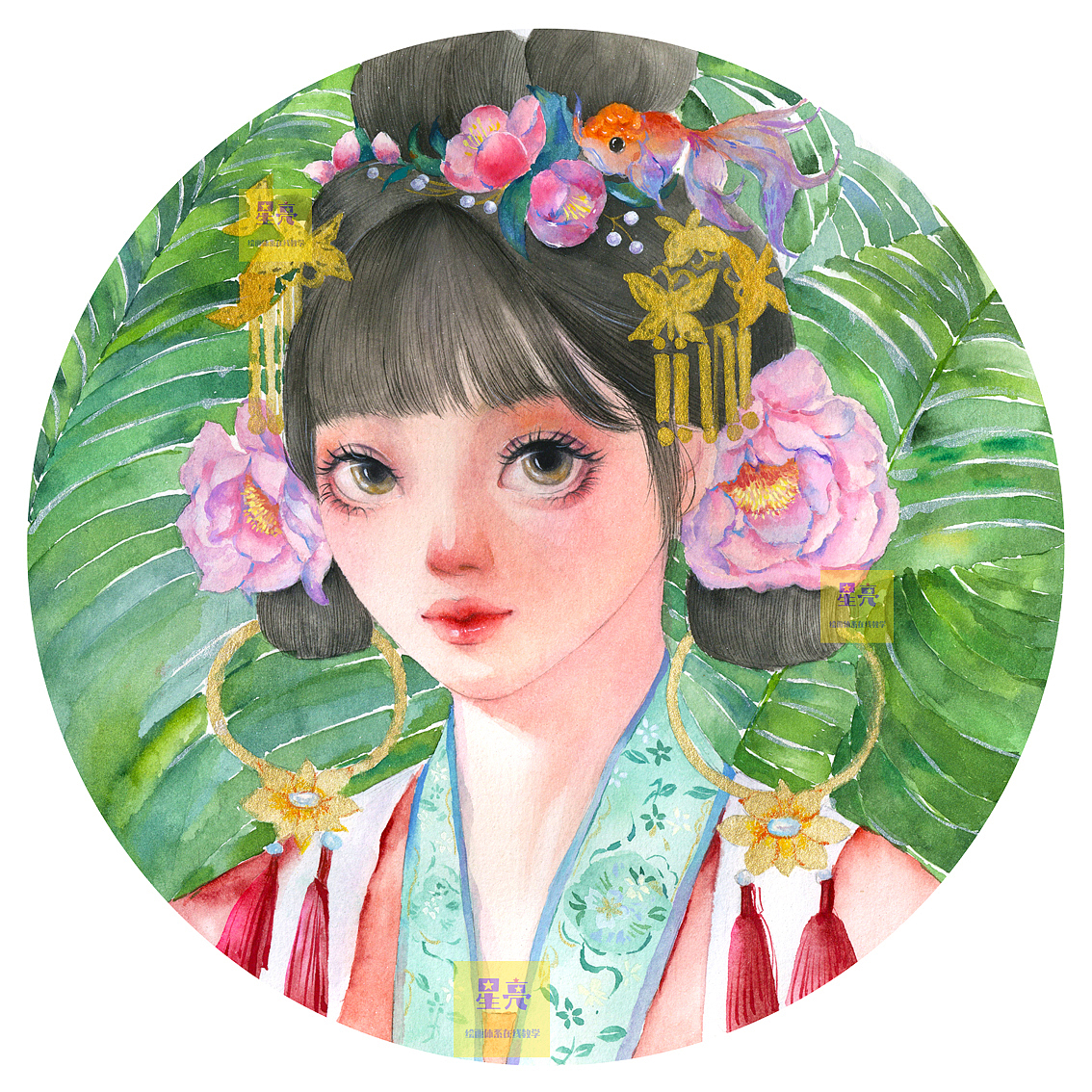 原创美少女水彩手绘古风插画
