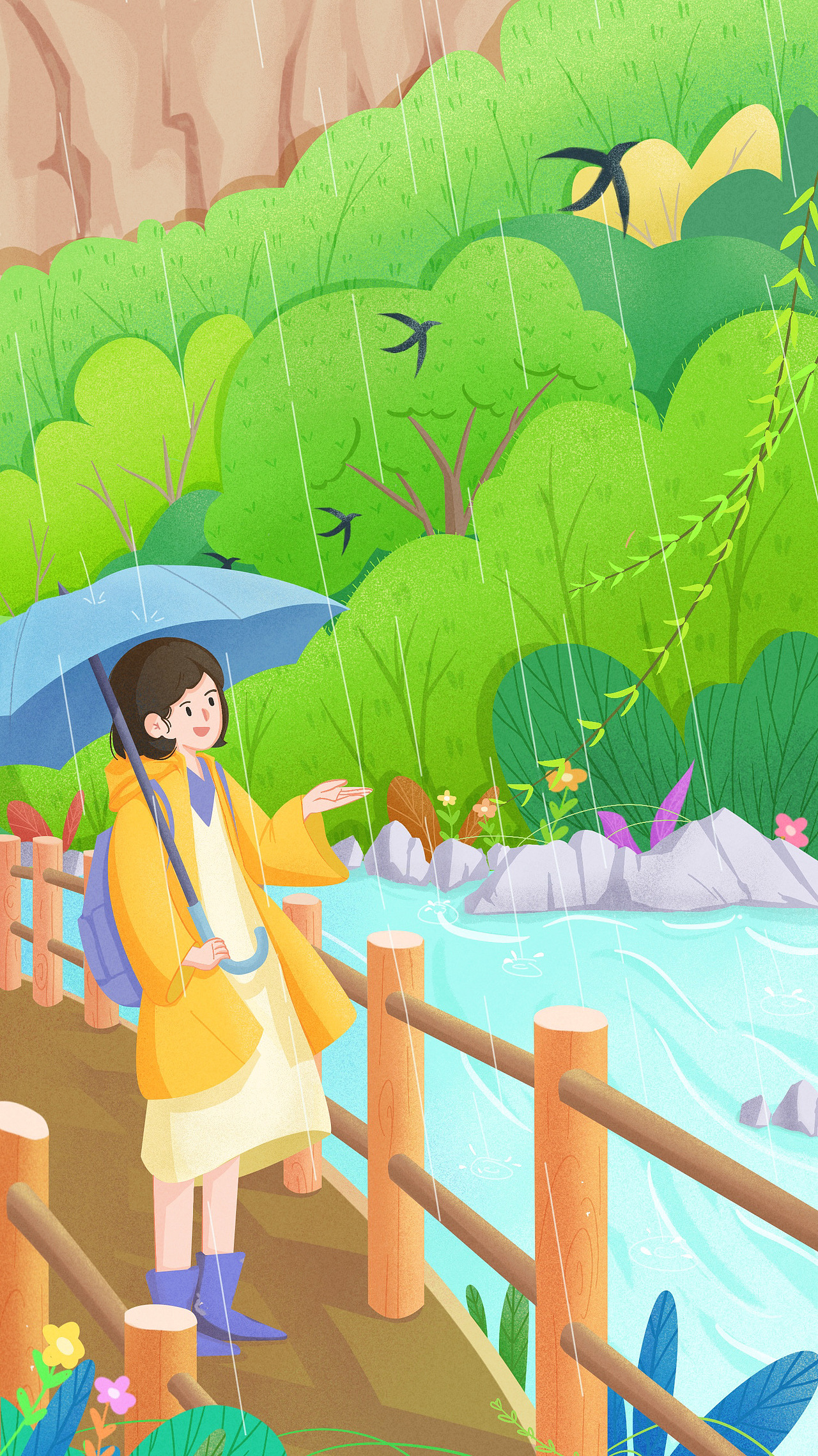 二月
选取焦作景点潭瀑峡，结合二月份节气“雨水”，用春风细雨，柳叶新燕烘托月份特色。