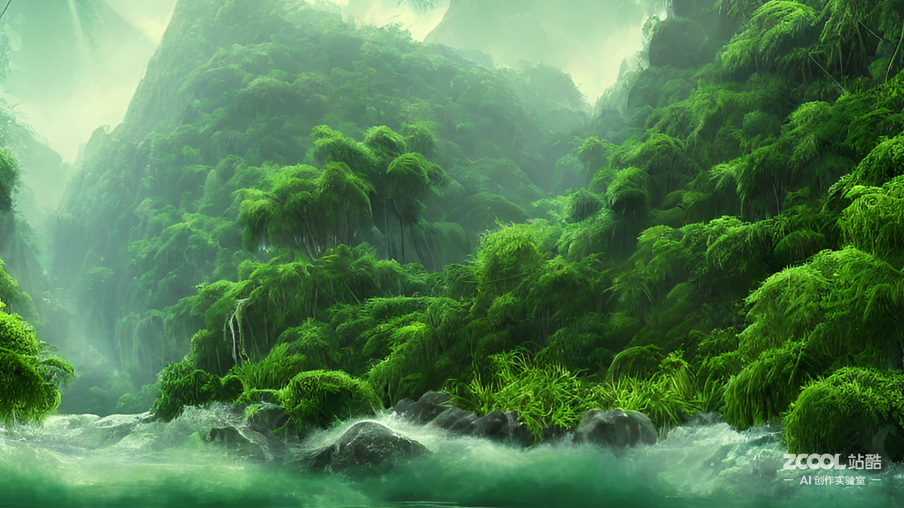 #AI创作实验室#丛林绿树环绕高山流水（图ZMzIyNDg2ODcy） - AI作品 - 站酷设计师sanking原创素材 - 站酷ZCOOL