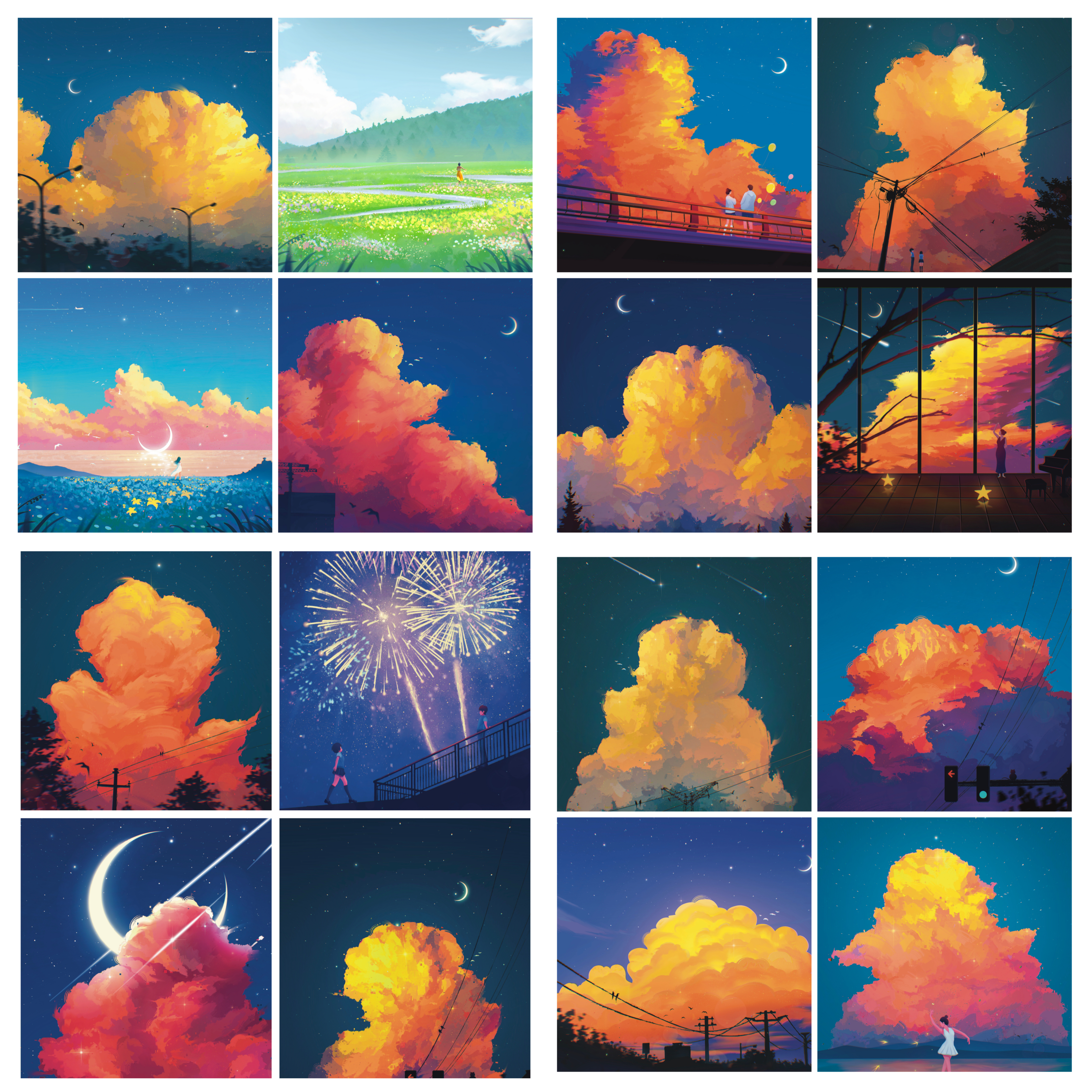 最近画的几张蓝天白云和落日晚霞-古次元