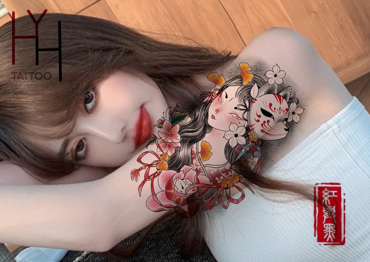 狐面女,狐妖纹身手稿