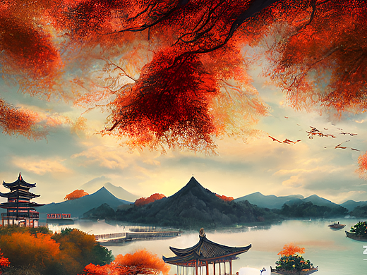 #AI创作实验室#西湖 雷峰塔 亭子 秋天 火烧云