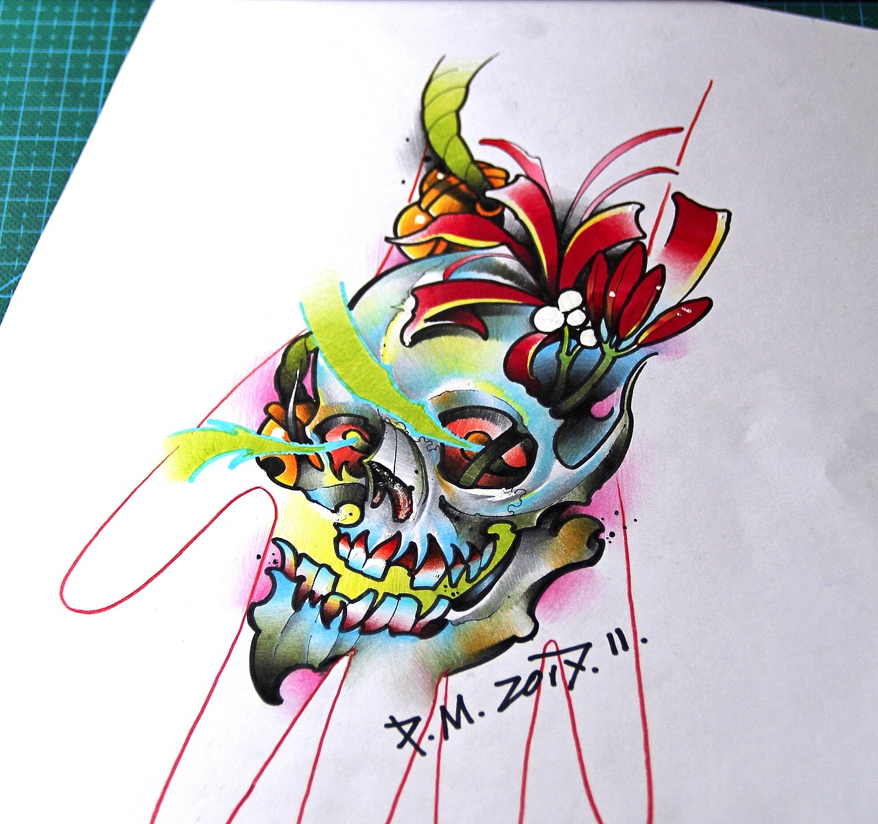 骷髅头加彼岸花纹身手稿