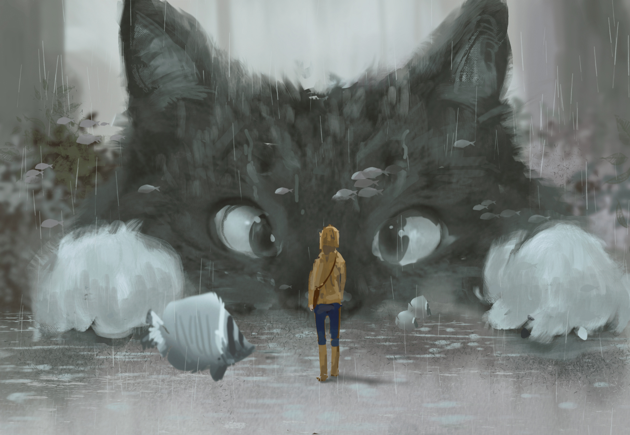 临摹作品，下雨的猫|插画|商业插画|桃谷子 - 临摹作品 - 站酷 (ZCOOL)