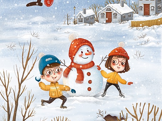 大雪插画海报小朋友堆雪人打雪仗嬉戏