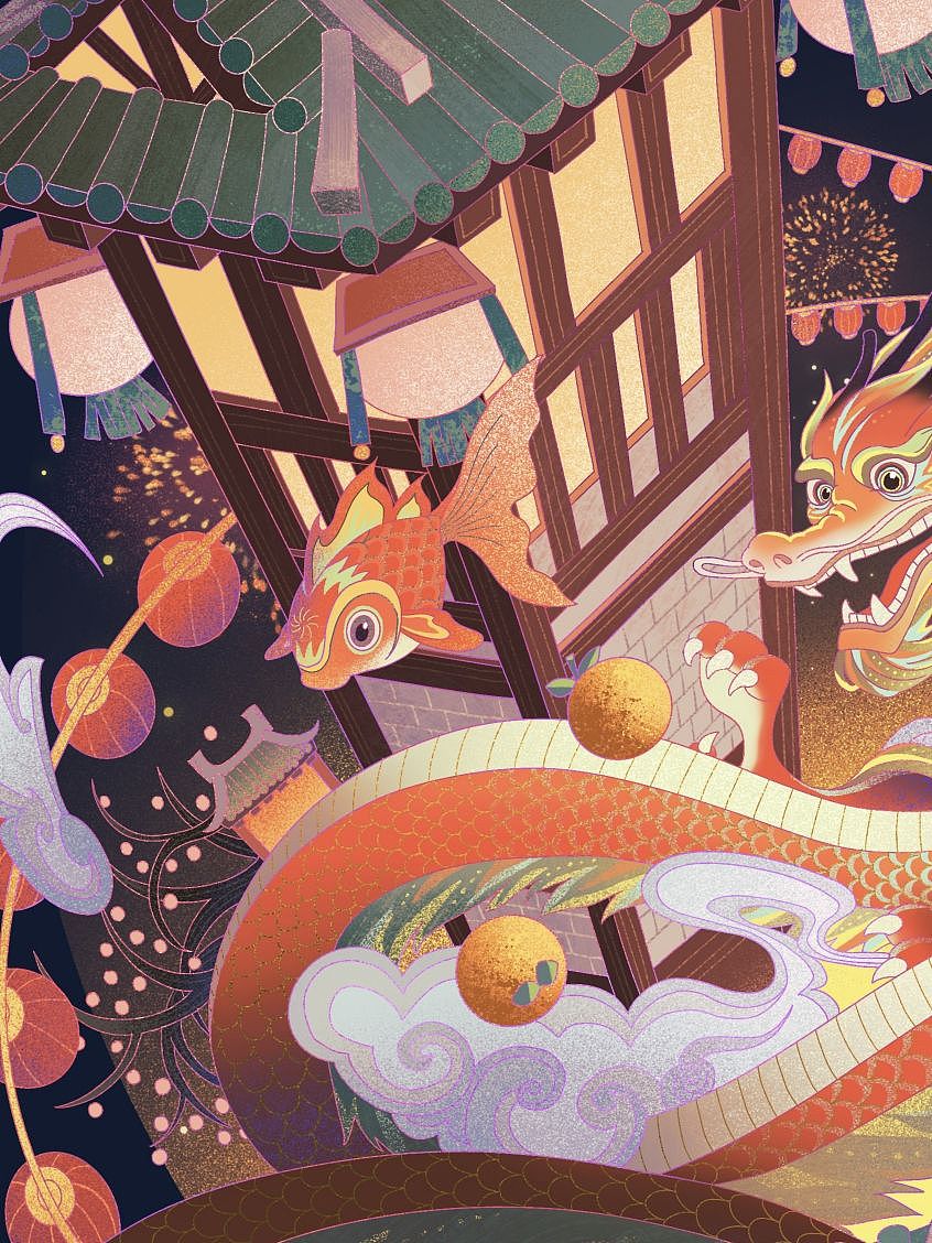龙年春节国潮插画海报