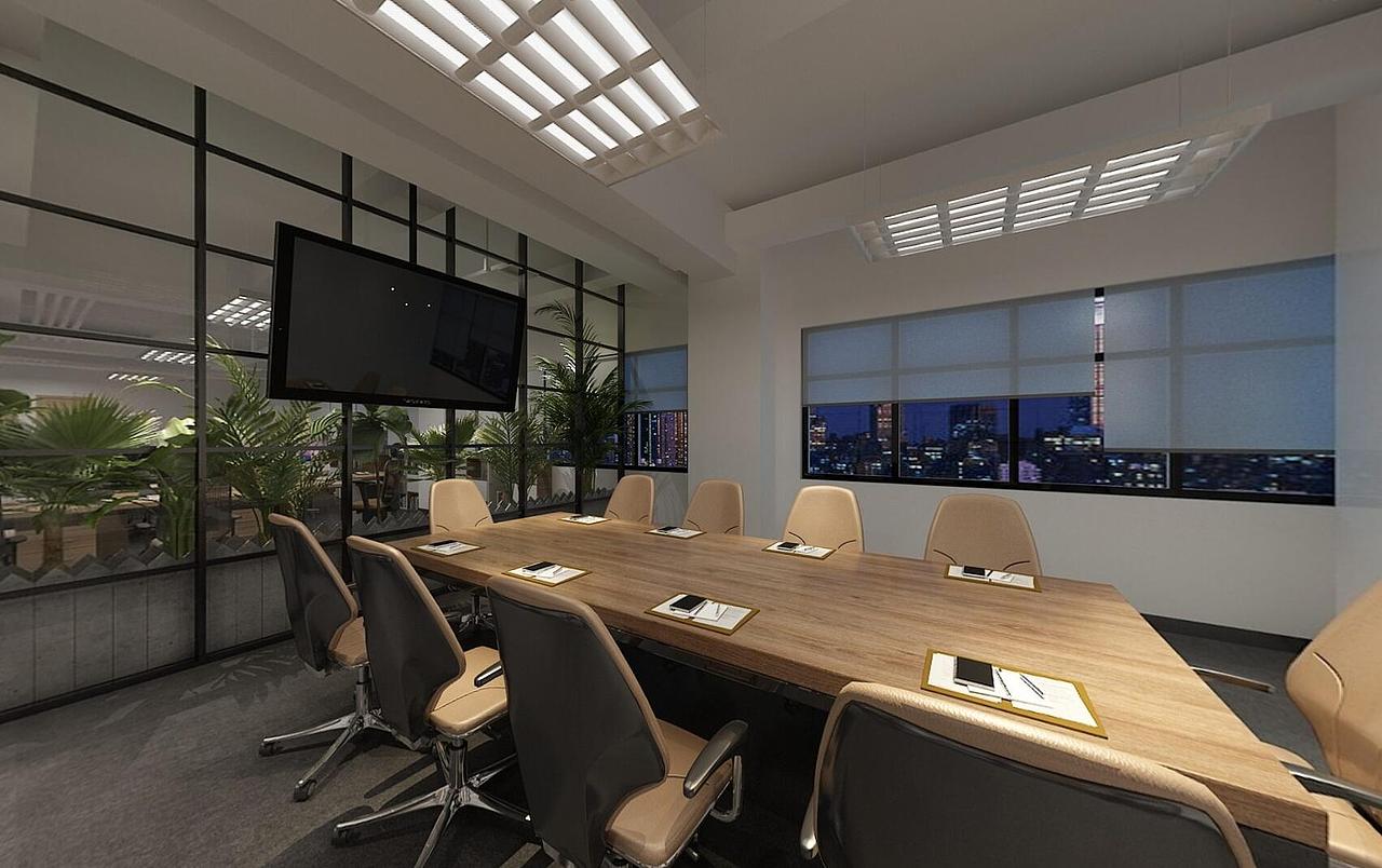 会议室 br>黑色框架配置白色玻璃,使该空间保持了相对的,独立性及通透