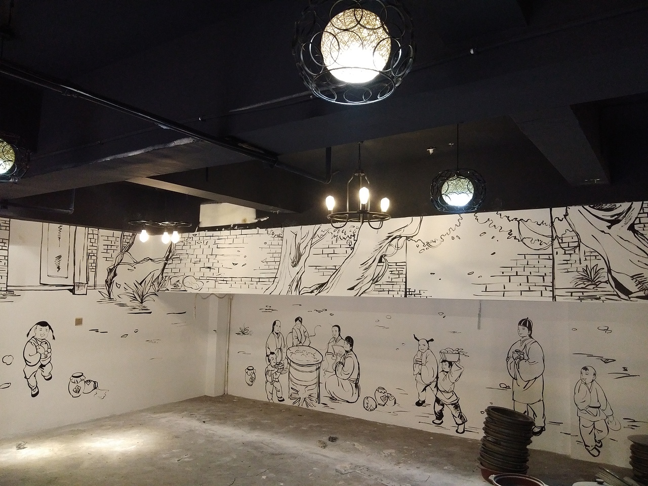 成都烧烤店主题黑白墙绘完成，带你回味老味道！