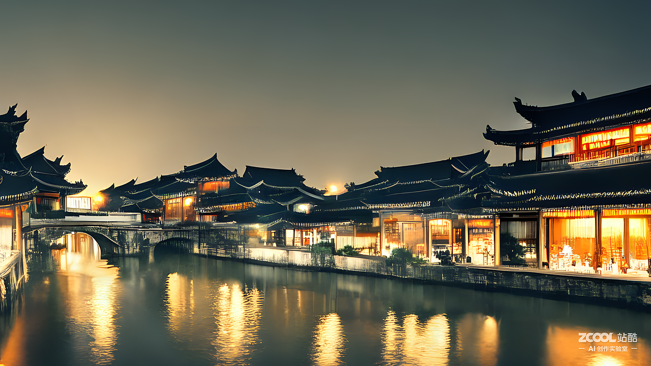 #AI创作实验室#江南小镇夜景（图ZMzIxNzQ0MTEy） - AI作品 - 站酷设计师Z703644649原创素材 - 站酷ZCOOL