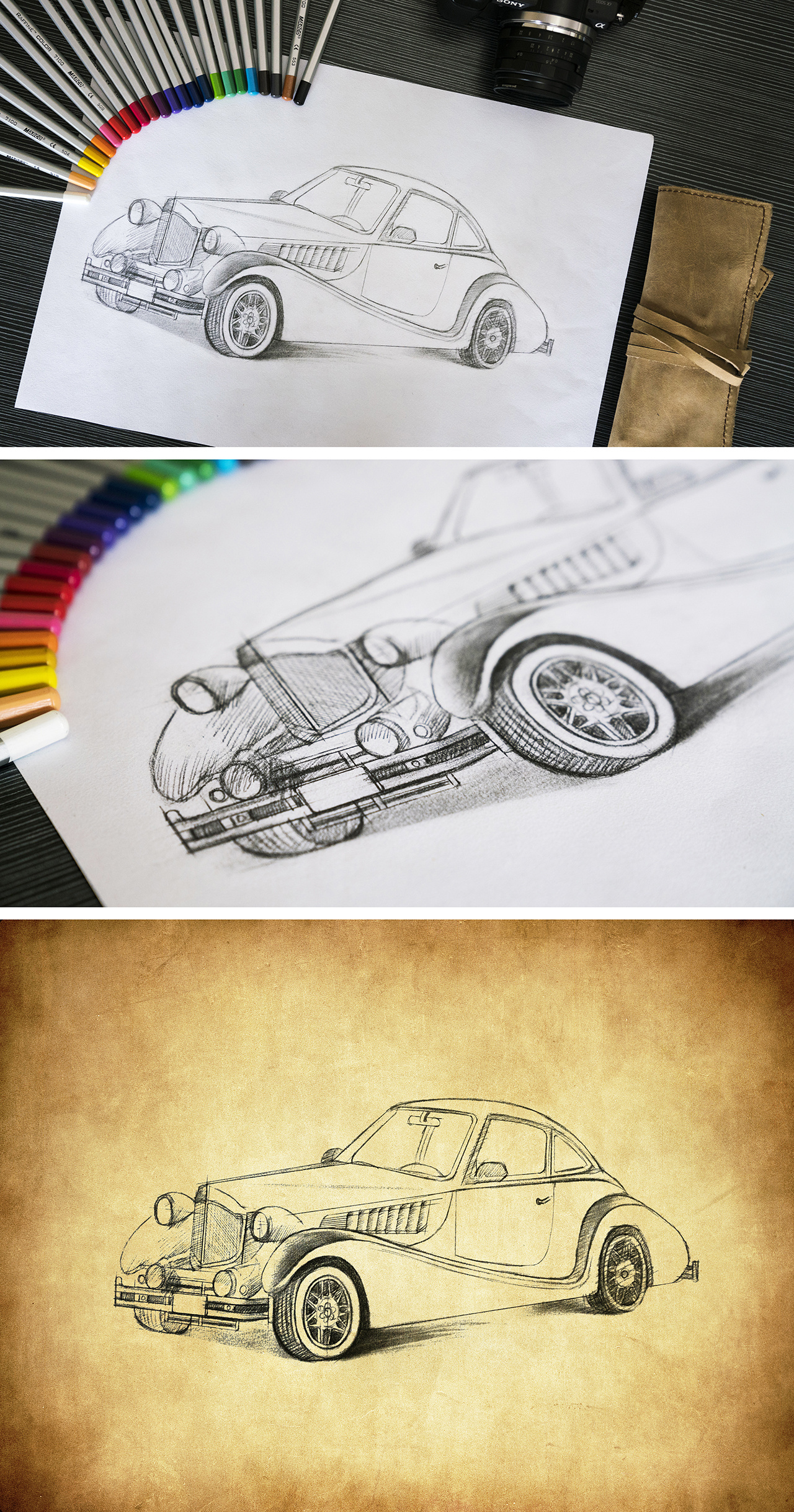 手绘结构素描老爷车 03>