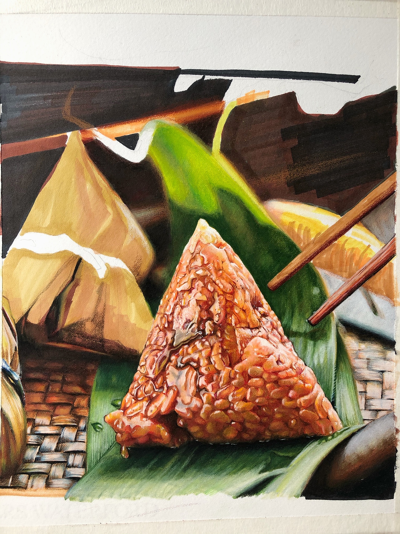 五,粽叶的质感,笸箩的质感,这些小的地方也不能忽略,一些细节处理的好