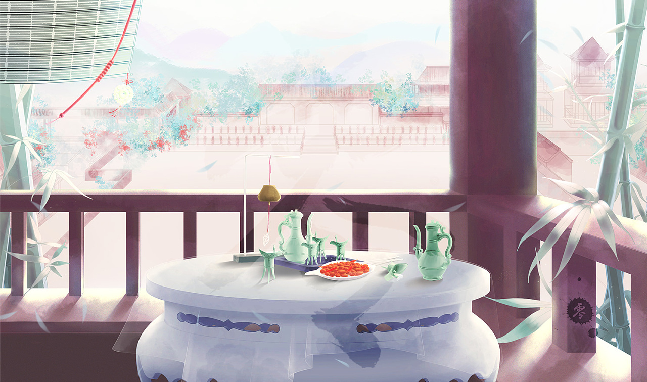 古风插画-亭中饮酒对酌-cg插画