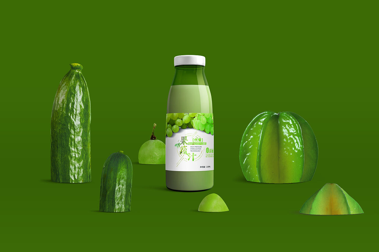 【果趣】代餐果蔬汁瓶贴包装设计,萃取新鲜蔬果汁营养,0添加低热量.