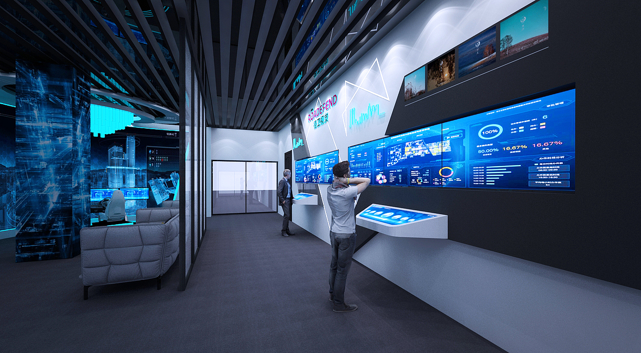 科技感 未来感 智能展厅 3d效果图 蓝白色调 全息系统