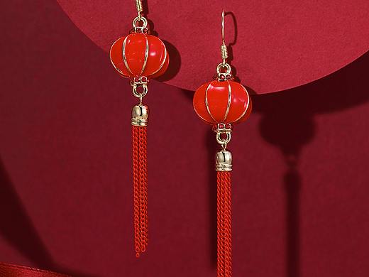 耳钉 耳环 首饰  月牙钻石耳钉 红灯笼 中国风 中国红