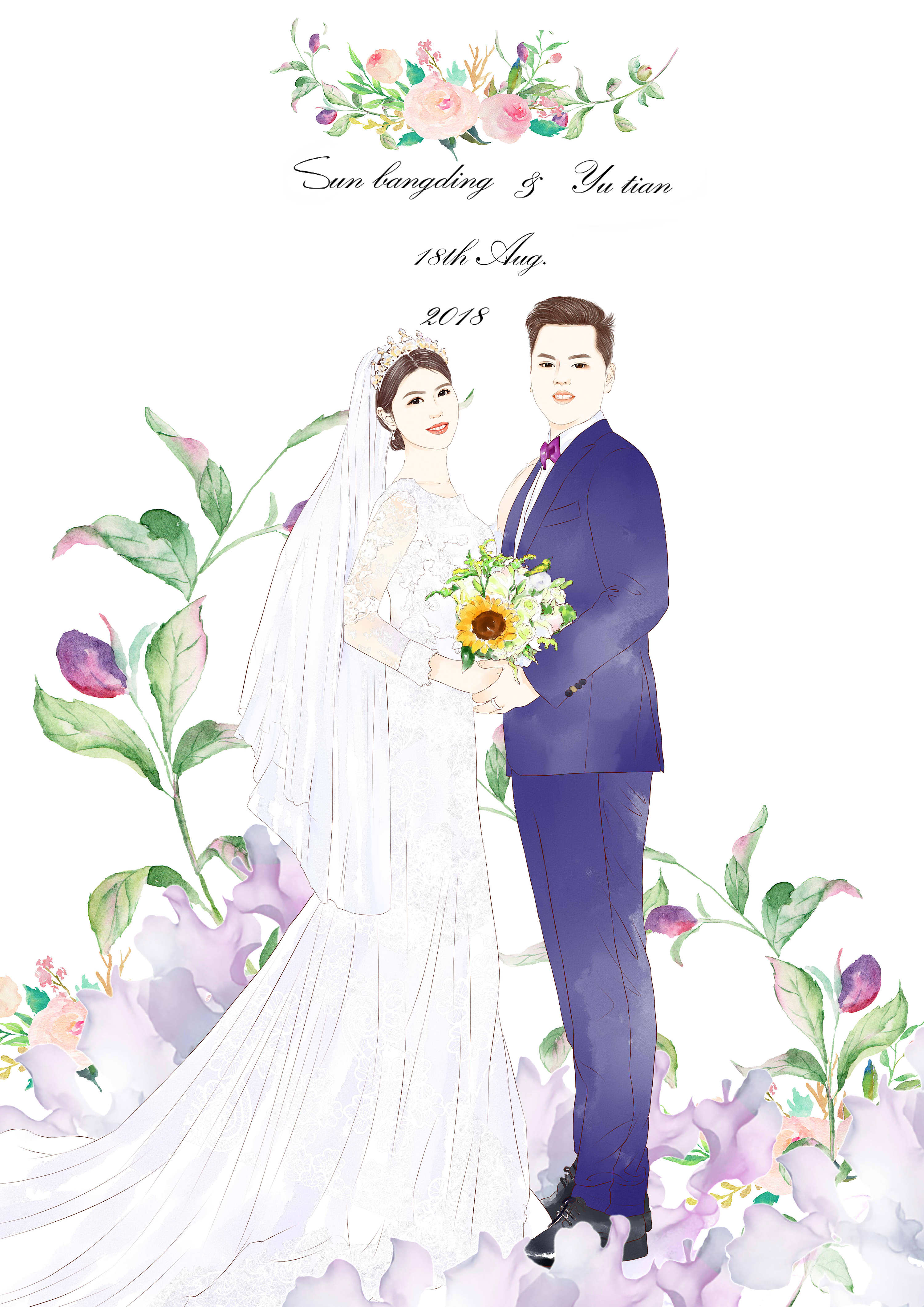 一些手绘婚礼插图,新人肖像