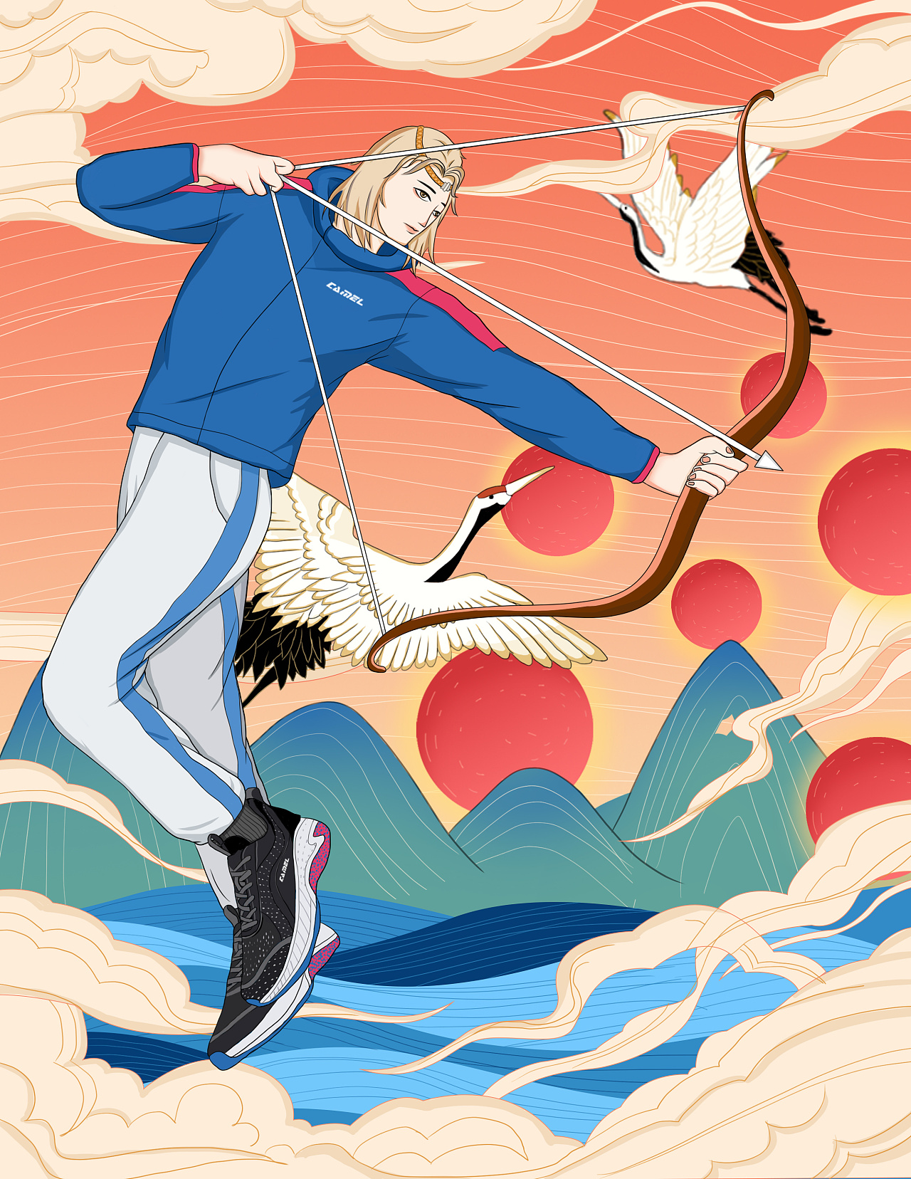 运动鞋而画的一系列插画 这款鞋的设计理念来自后羿射日,定义国潮风