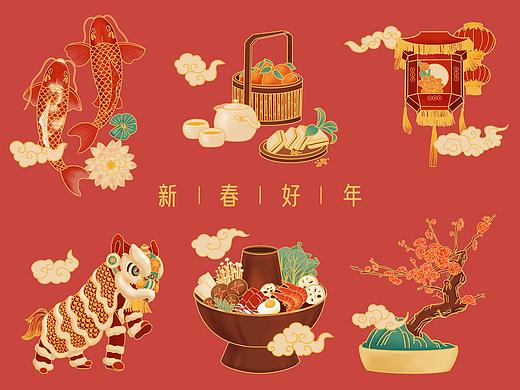 国潮风元素新年插画2021牛年