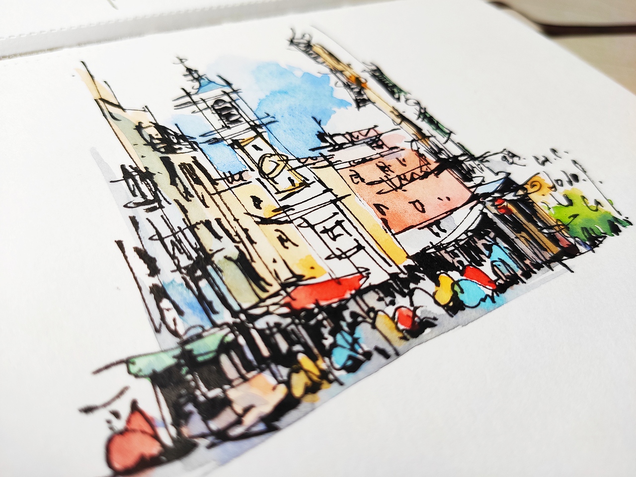 钢笔淡彩建筑风景速写