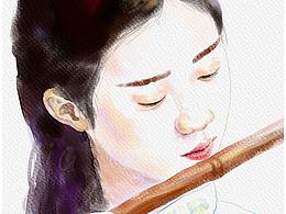 小女子吹笛子的水彩画分享