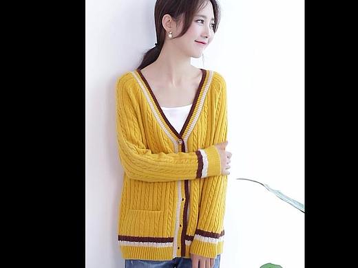 新款韩版大V领条纹拼色宽松外搭针织开衫毛衣外套短款