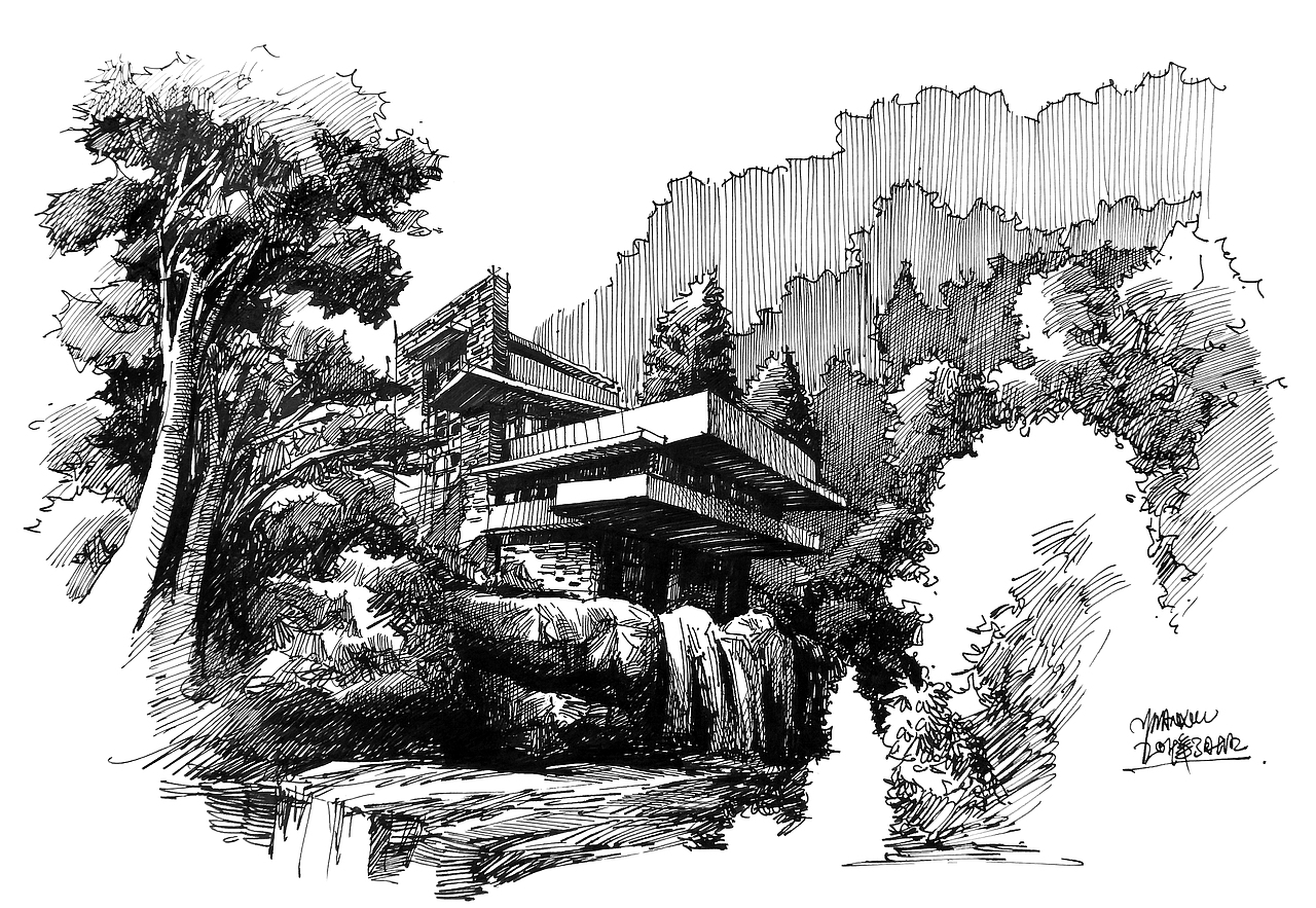 流水别墅钢笔画