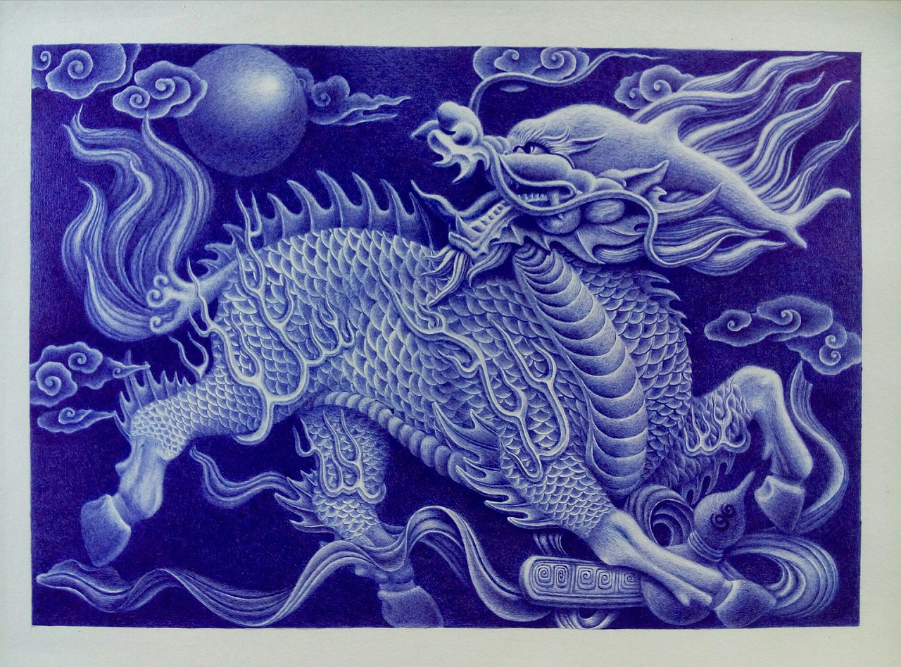 圆珠笔画四灵之一麒麟附步骤图