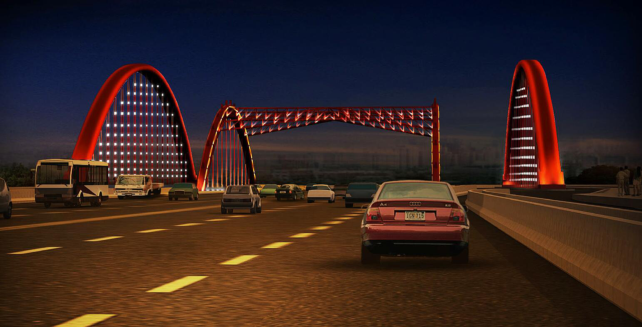桥体磅礴大气,桥拱有没的弧线造型和悬索结构相得益彰,自然和谐,形似一架竖琴,利用LED灯具和控制系统,演奏出一曲曲和谐的旋律和优美的乐章。