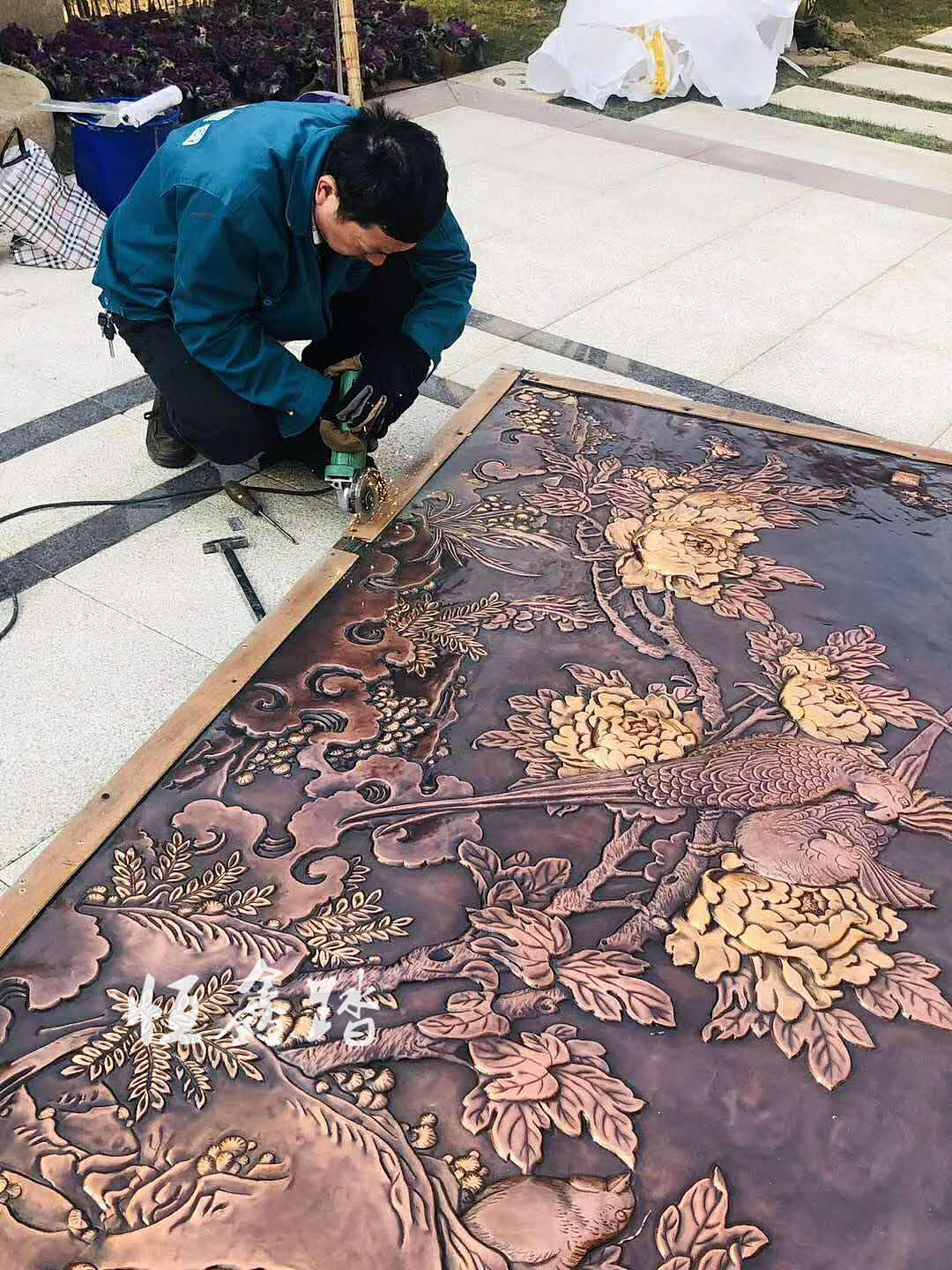 复古浮雕紫铜壁画锻铜壁画,花鸟山水户外紫铜背景墙