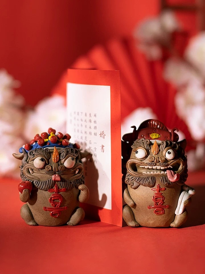 器十二原创手工陶瓷捏雕貔貅新郎新娘新婚送礼佳品