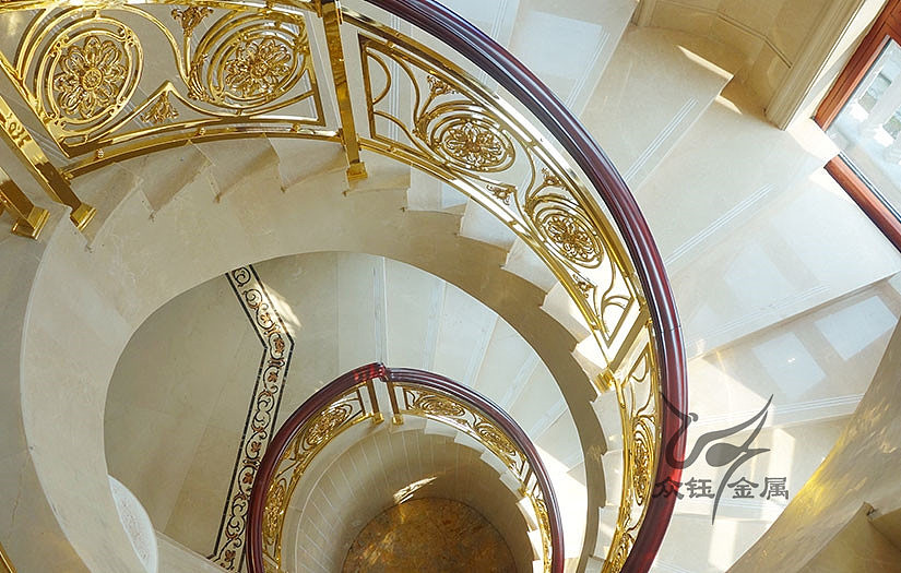 铝板雕刻镀金旋转楼梯护栏扶手别墅家装售楼部酒店工装