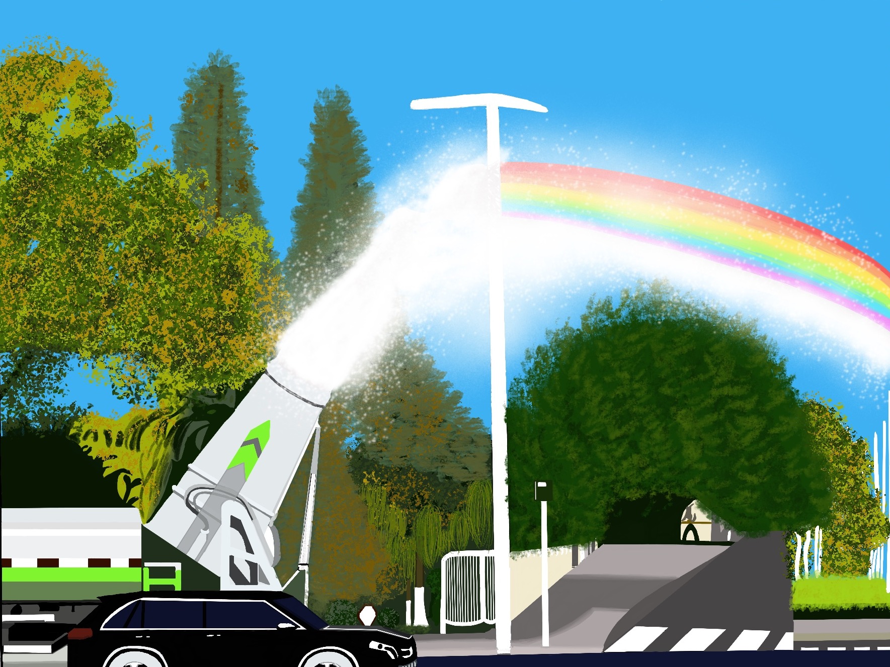 洒水车在空中画彩虹