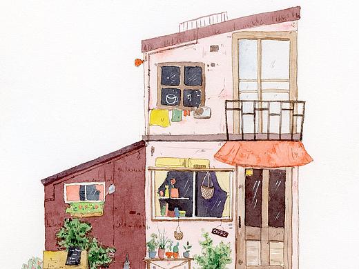 【小熊猫】水彩手绘人一间小店咖啡店杂货铺手绘淡彩