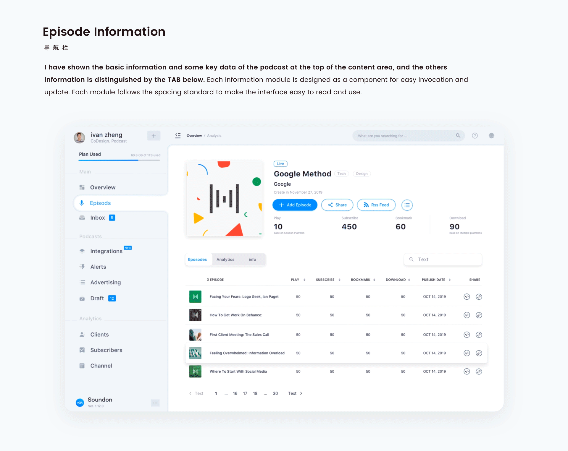 海外项目 Soundon Podcast Dashboard UI/UX Design(图ZMTk5NDIyODcy) - 交互/UE - 站酷设计师Ivan郑子越原创素材 - 站酷ZCOOL