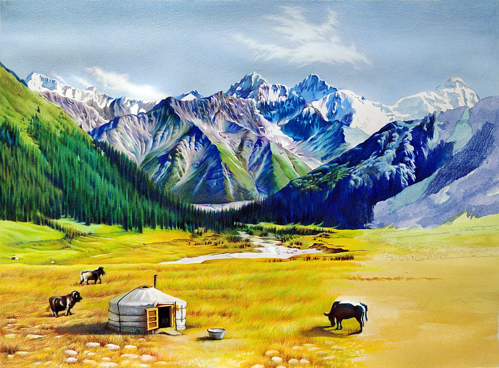 《雪山下的牛羊》（图ZMTI5NTIxOTM2） - 绘画 - 站酷设计师骏眀彩铅画原创素材 - 站酷ZCOOL