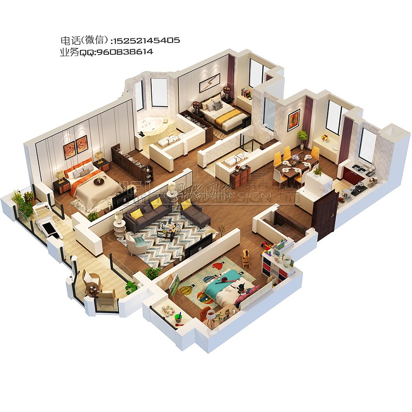 三维立体户型图/家配图/户型图/3D户型图渲染