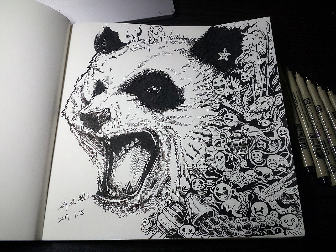 临摹菲律宾插画大神kerbyrosanes作品手绘黑白涂鸦