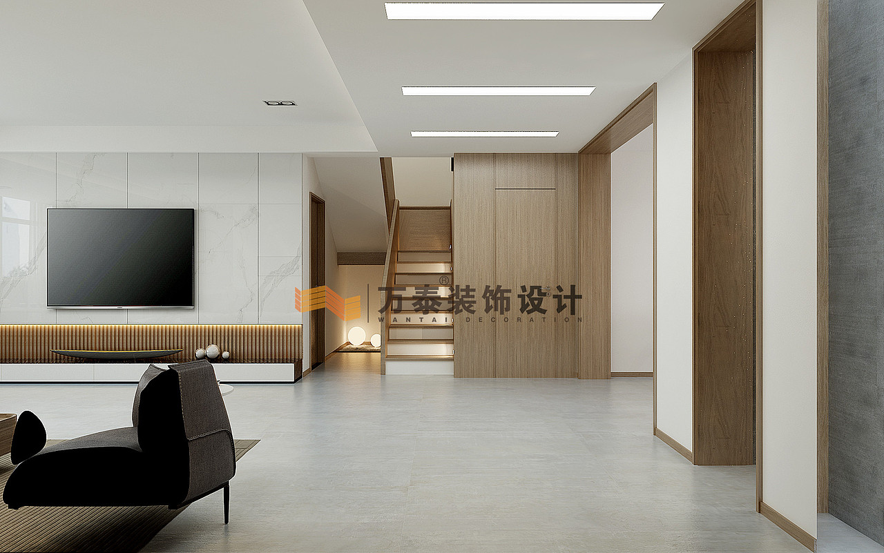 一楼属于动区,也就是说活动区域,要求区域的通透性和开阔性,基于这方面的考虑,客餐厅及厨房都做了开敞处理,同时兼顾由于居室进深比较大而造成采光问题