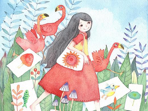两幅插画 女孩和火烈鸟，女孩和鱼