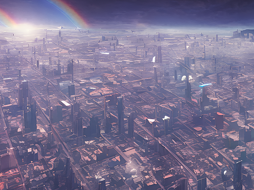 #站酷梦笔#云层中的城市，彩虹，光线追踪，飞机（个人主页-ZNjM3NzIwMjQ=） - AI作品 - 站酷设计师遇见小布丁原创素材 - 站酷ZCOOL