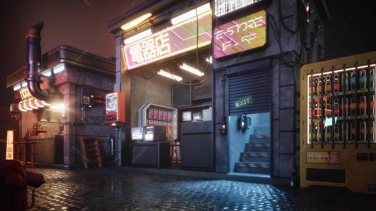 赛博朋克街道小摊 中国摊 小吃摊街道