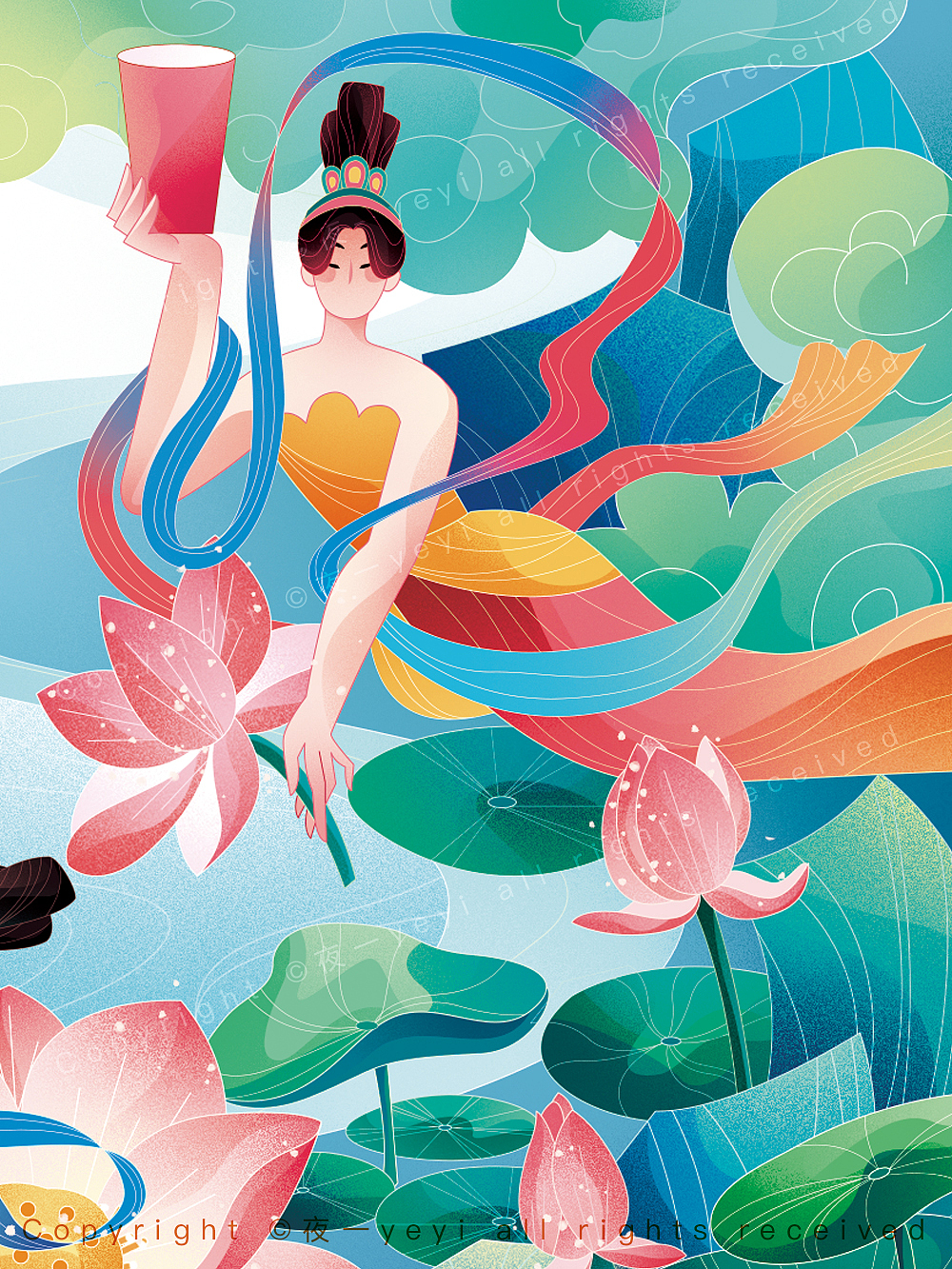 新国潮‖当敦煌飞天女遇上荷花鲜果茶（图ZMzUzMjc2NjUy） - 商业插画 - 站酷设计师半山屿原创素材 - 站酷ZCOOL