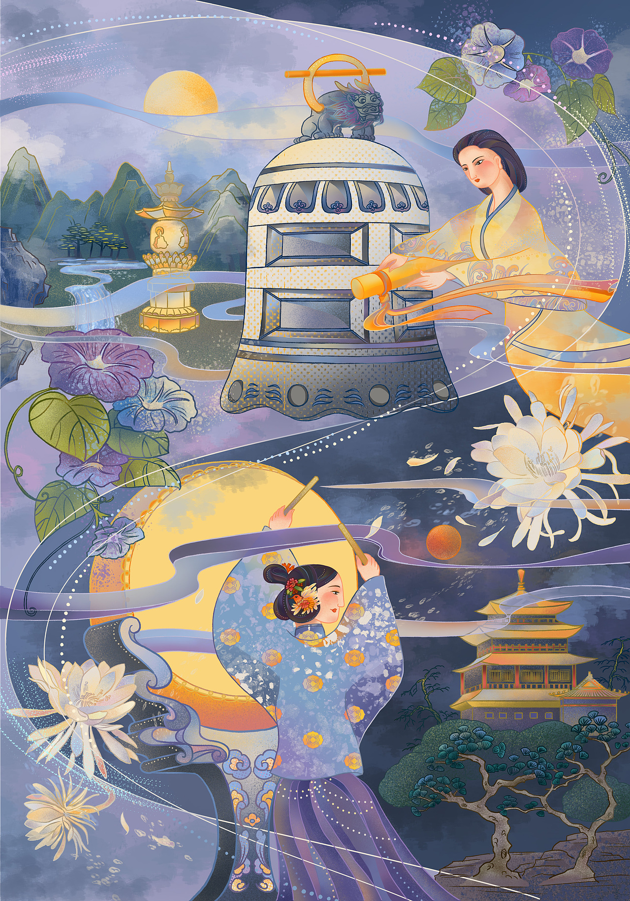迟迟钟鼓初长夜 耿耿星河欲曙天|国风插画