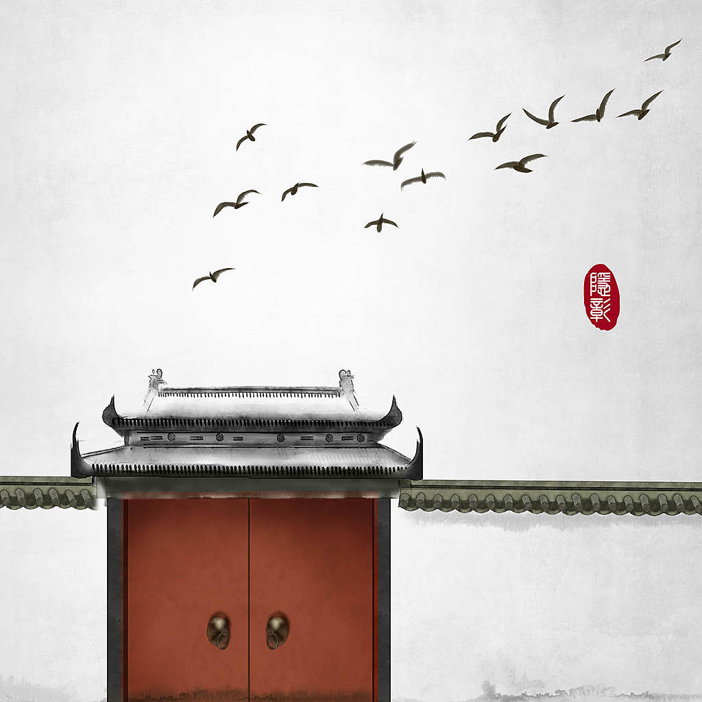 中式建筑古门飞鸟古风水墨画中式中国风古风插画（图ZMTA3MTg4NjQ0） - 商业插画 - 站酷设计师隐彰原创素材 - 站酷ZCOOL