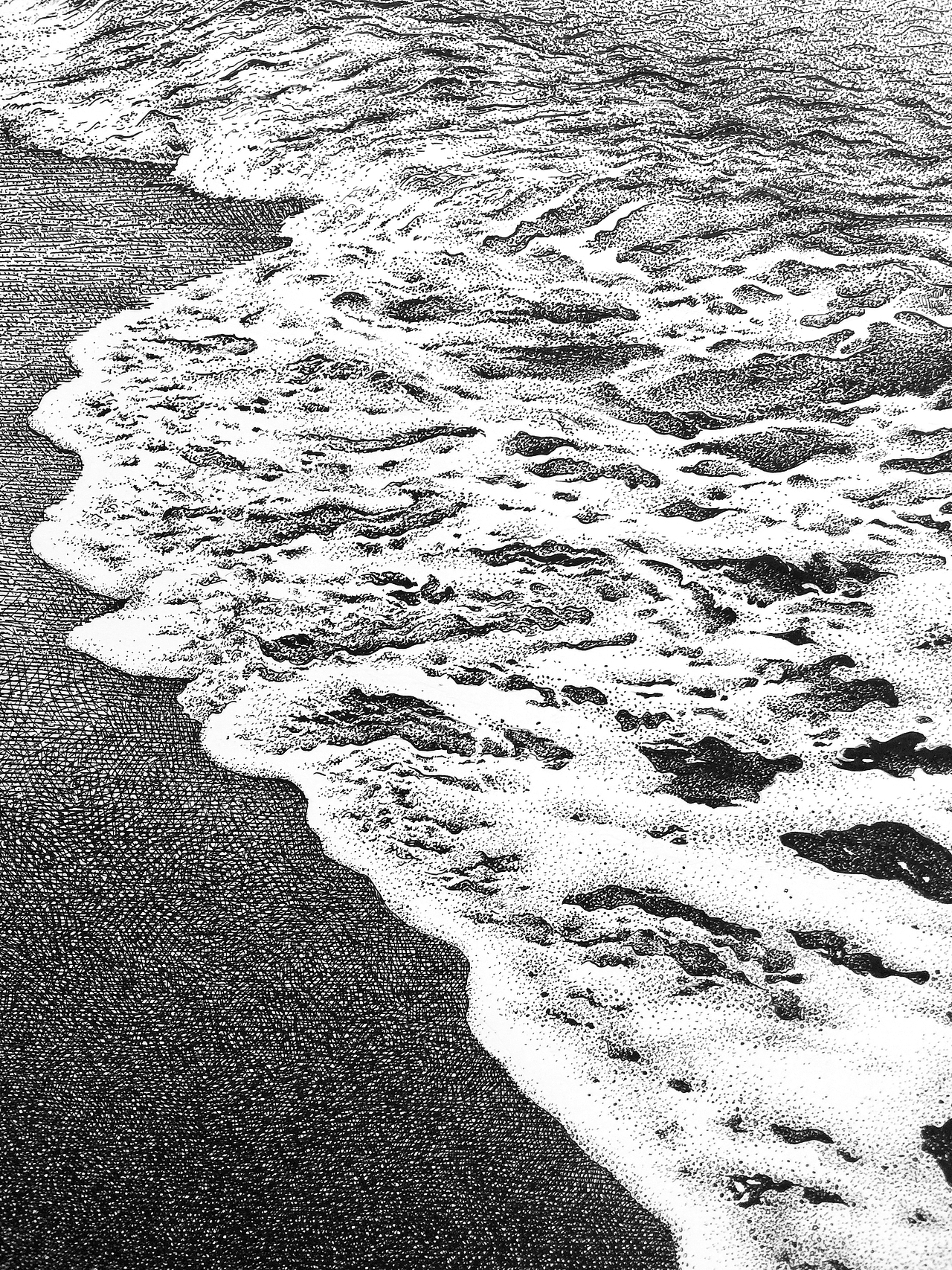 谭伯虎钢笔画作品《听涛》